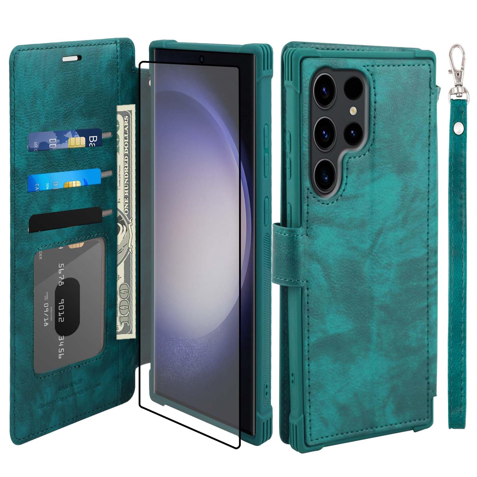 VANAVAGY Compatible for Galaxy S23 Ultra Wallet Case, 12ft Drop Protection, RFID Blocking PU Leather Flip Cover, Card Holder & Kickstand, Shockproof Phone Case for S23 Ultra-6.8 Inch,Midnight Green
