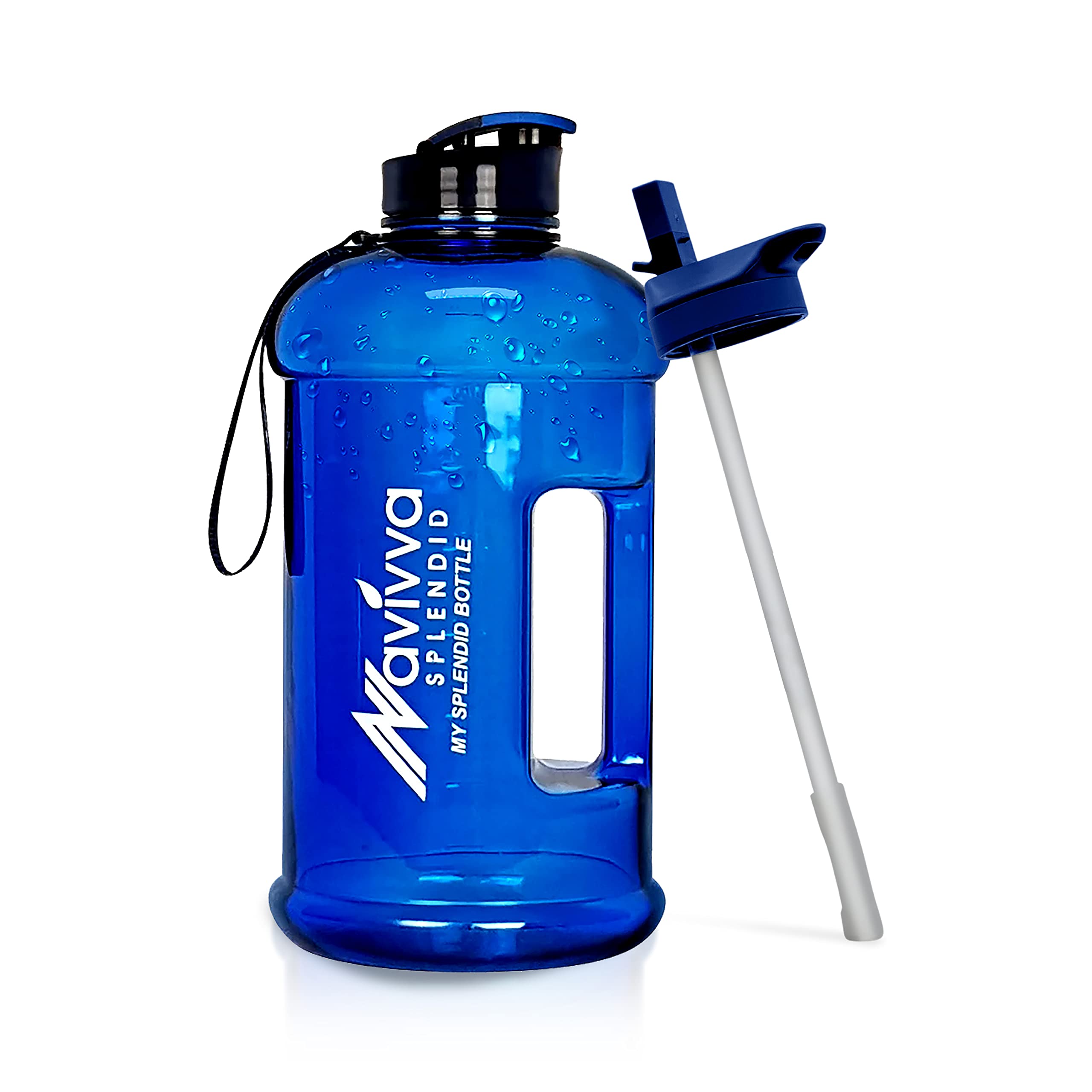 NAVIVVA SPLENDID 2.2 Litre Large Reusable Gym Water Bottle with Straw Lid, Dishwasher Safe, BPA Free Tritan Plastic, Portable, Eco-friendly with Carry Handle (Navy Blue)