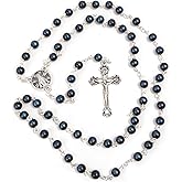 Needzo Our Lady of Grace Rosary, Blue Glass Prayer Beads with Ornate Crucifix, Catholic Gifts for Women, 19.5 Inches
