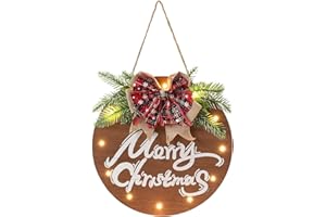 HOMCDALY Merry Christmas Sign for Front Door, Christmas Wooden Hanging Sign Door Decoration with 12 LED Light, Christmas Welcome Wreath indoor outdoor Décor, Christmas Decoration.