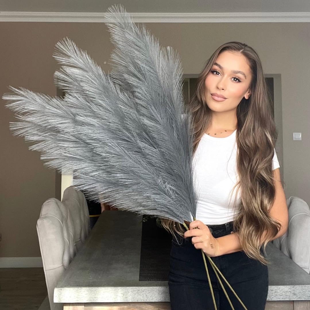 VOULUX Extra Large Tall Light Grey Fake Faux Artificial Pampas Grass Fluffy x3 115cm Stems x18 Decorative Flora Feathers For Floor Vases Grey Plant Flowers โ image 1
