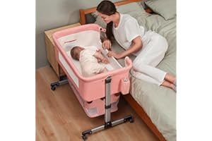 SOOBABY Baby Crib,3 in 1 Bedside Crib Adjustable Portable Bed for Infant,Baby Bassinet Baby Newborn Must Have Bed,Pink