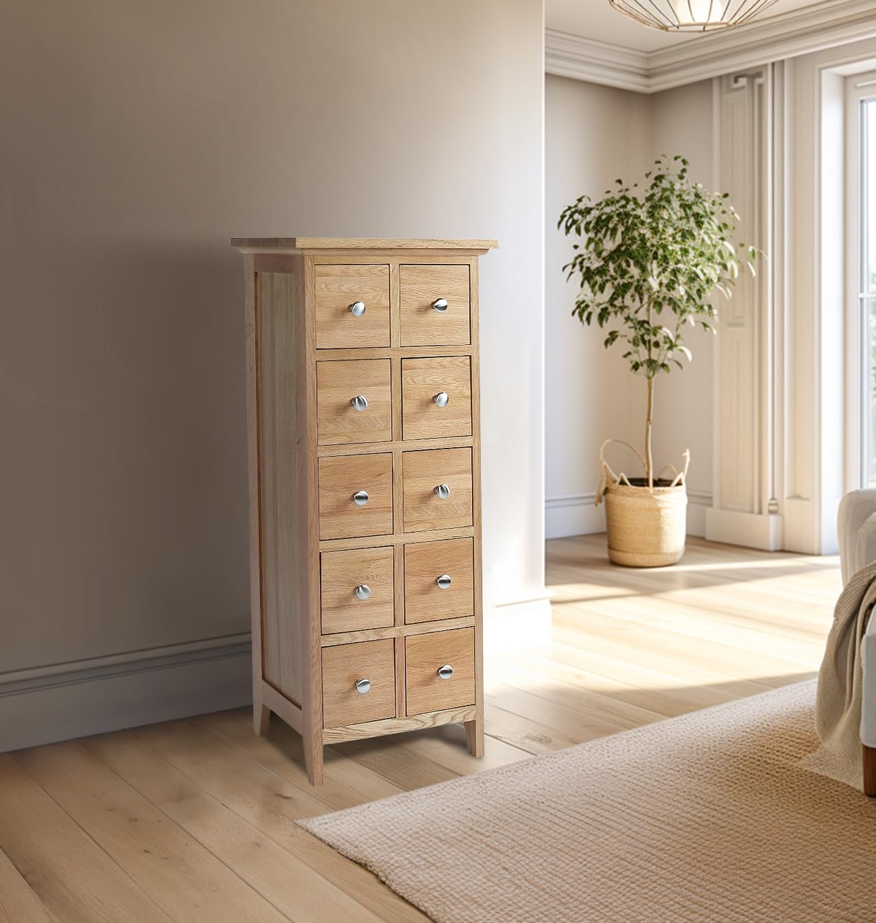 Hallowood Furniture Camberley CD DVD Storage Unit in Light Oak Finish, Solid Wooden Media Oak Cabinet with 10 Drawers, DVD/CD Stand Organiser for Living Room or Office, Holds 230 CDs or 70 DVDs