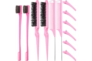 REMERRY 12 Pieces Hair Brush Set, Nylon Teasing Hair Brushes 3 Row Salon Teasing Brush, Double Sided Hair Edge Smooth Comb Grooming, Rat Tail Combs with Duckbill Clips for Women Girls (Pink)