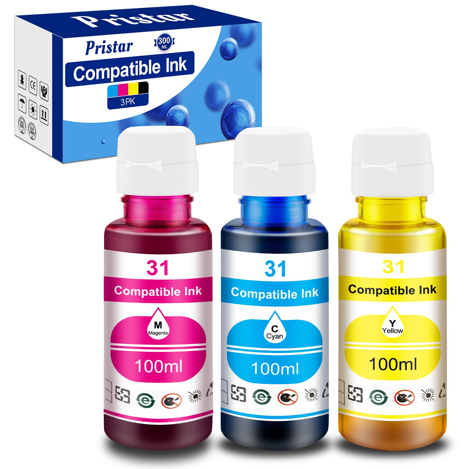 Photo 1 of Pristar Compatible with HP 31 32XL Ink Bottle Set Replacement for HP Smart Tank Ink Refill 5101 5000 6001 7301 7602 7001 5102 Plus 651 551 455 457 450, 100 ML for 31 Color Refill Bottles, 3 Pack