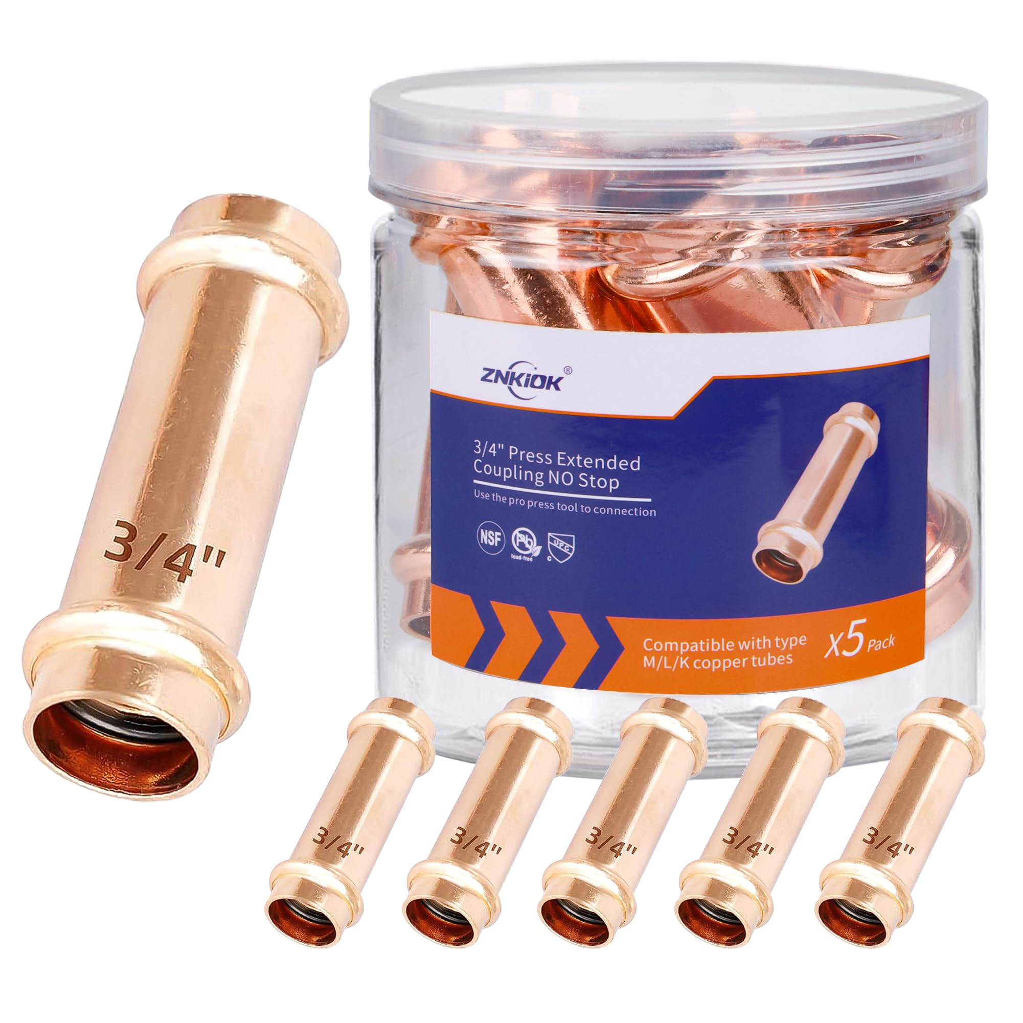 Photo 1 of (Znkiok 5 Pack)3/4" Propress Copper Fittings Zero Lead, 3/4 Inch Press Extended Coupling No Stop For Copper Tube Connection,UPC,NSF/ANSI61 Certified.