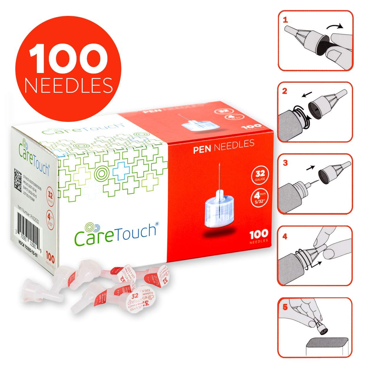 Care Touch Pen Needles 32 Gauge, 5/32 Inches, 4mm (Pack Of 100) on