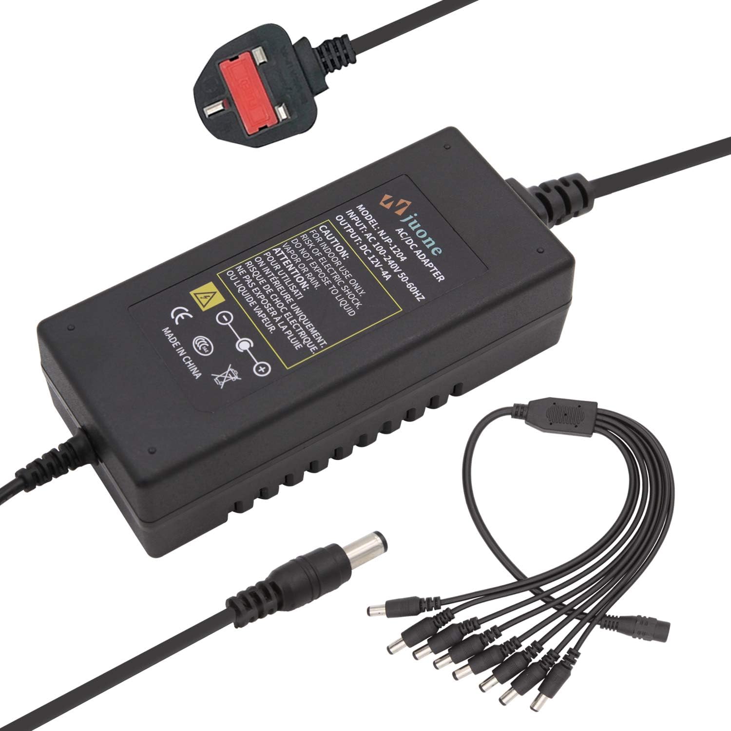 Njuone 12V 4A DC Power Adapter AC 100-240V to DC 12V 4A Switching Transformer Jack 5.5mm x 2.5mm + 8-Way Power Splitter Cable Cord for CCTV Security Camera DVR, LED Strip Lights