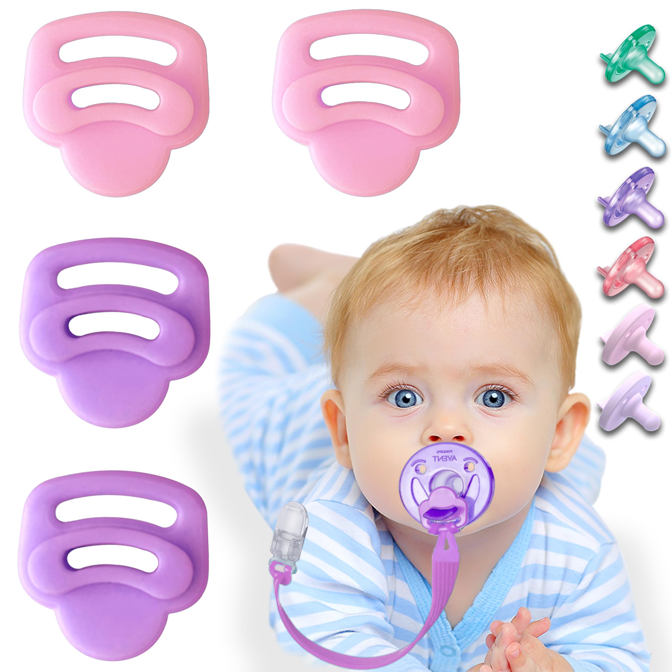 Photo 1 of 4 Pack Silicone Pacifier Clip Adapter Ring for Philips Avent Soothie, Food-Grade Silicone Binky Clips Holder Adapter Rings Competible with Soothie, BPA-Free Soft Flexible Safe Durable, Pink Purple
