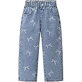 WDIRARA Girl's Cute Bow Pattern Jeans Elastic Waist Wide Leg Denim Pants