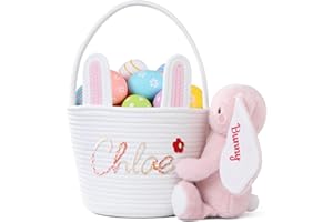 Urijk Easter Basket for Kids, Personalized Bunny Basket with Yarn Embroidery Name for Girl, 7.8" Woven Cotton Rope Easter Egg