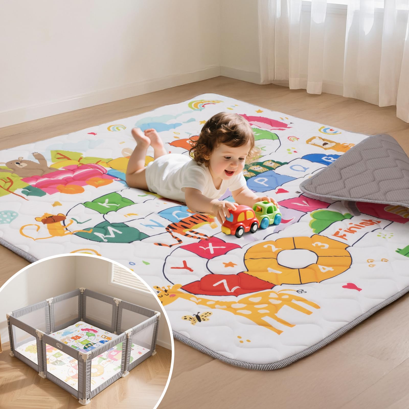 Photo 1 of Duwenem Baby Play Mat for Floor,71x59 Inch Soft Padding Crawling Mat for Playpen, Foldable and Machine Washable, Thick for Babies & Toddlers,Animal School