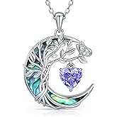 Distance Tree of Life Birthstone Necklace for Women, S925 Sterling Silver Premium Abalone Shell Moon Pendant, Heart Birthstone Necklace Christmas Anniversary Jewelry Birthday Gifts for Her Mom Wife