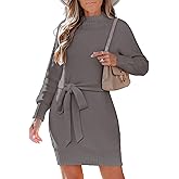 SunnyMelody Womens Mock Turtleneck Self Tie Waist Sweater Dress Winter 2025 Dressy Ribbed Knit Long Sleeve Mini Dresses