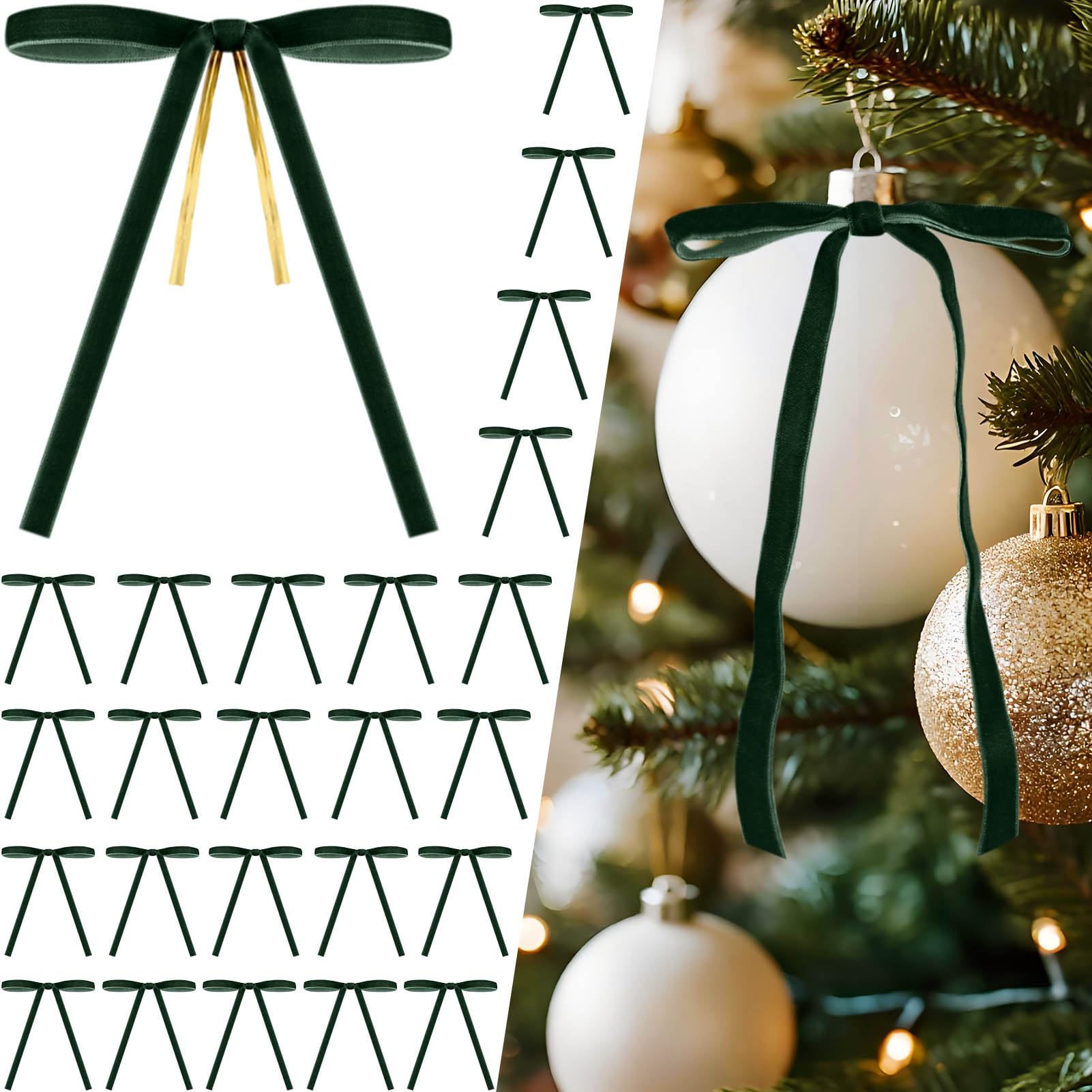 Photo 1 of 24 Pcs Dark Green Velvet Bows for Christmas Tree Decor, Elegant Velvet Pre-Tied Ribbon Bows Door Garland Vintage Ornaments for Christmas, Wreaths, Gifts and Home Decoration (5x7 Inch, 3/8'' Wide)