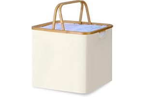 iEGrow 60L Laundry Basket,Laundry Hamper with Bamboo Handle,Collapsible Laundry Baskets,Dirty Clothes Hamper for College Dorm, Family,Beige