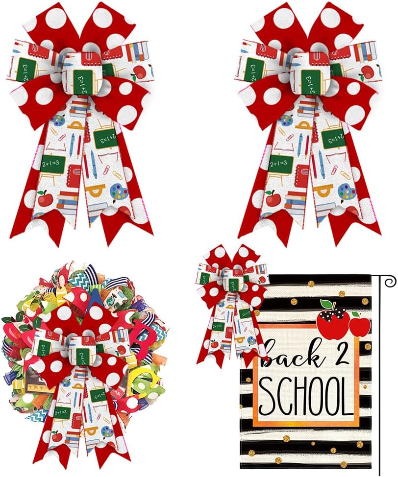 Bows & Ribbons - 2 PCS Back to School Bows for Wreath, Red Dot Teacher Wreath Bows Multicolored School Rock Bows for Front Door, Book Apple Blackboard Tree Topper Bows for First Day of School Indoor Outdoor Decor
