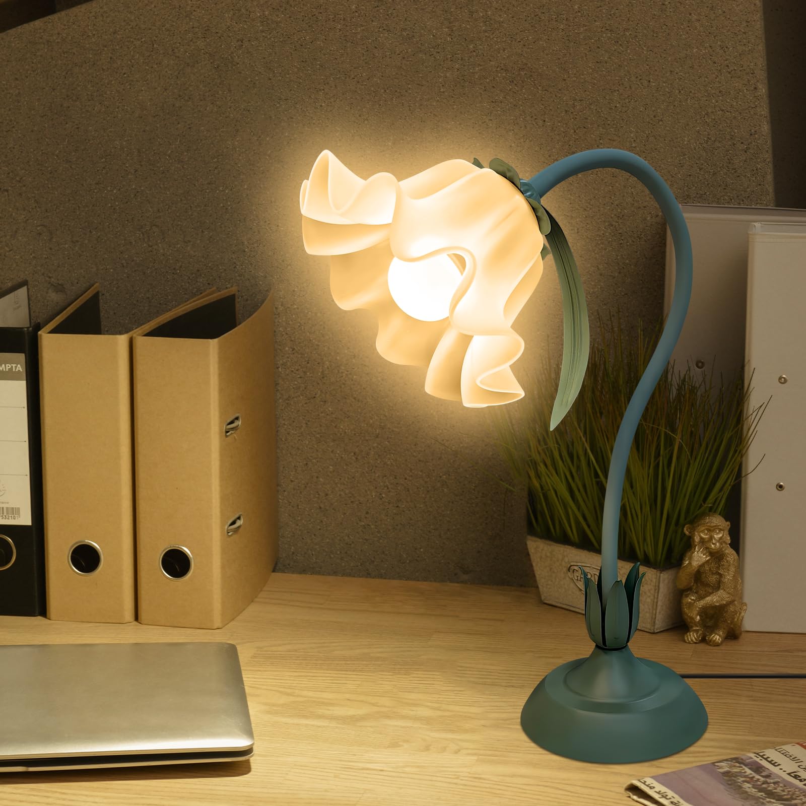 YATOSEEN Vintage Flower Table Lamp for Bedroom,‎ 3 Colors Modes Lily of The Valley Bedside Lamp with E27 Bulb, Adjustable 360° Lamp Neck for Living Room Office Reading
