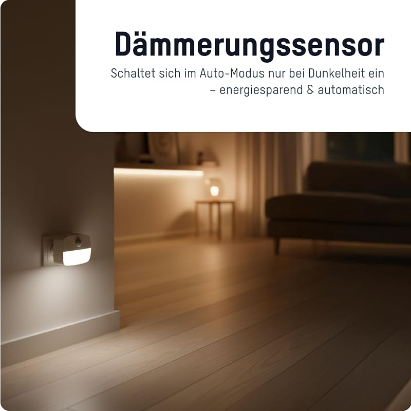 Nachtlicht mit Bewegungsmelder und Dämmerungsfunktion, LED Lampe Steckdose, dimmbar kindersicher und energiesparend, Schlaflicht für Kinder, Babys oder Schlafzimmer mit 3 Helligkeitsstufen