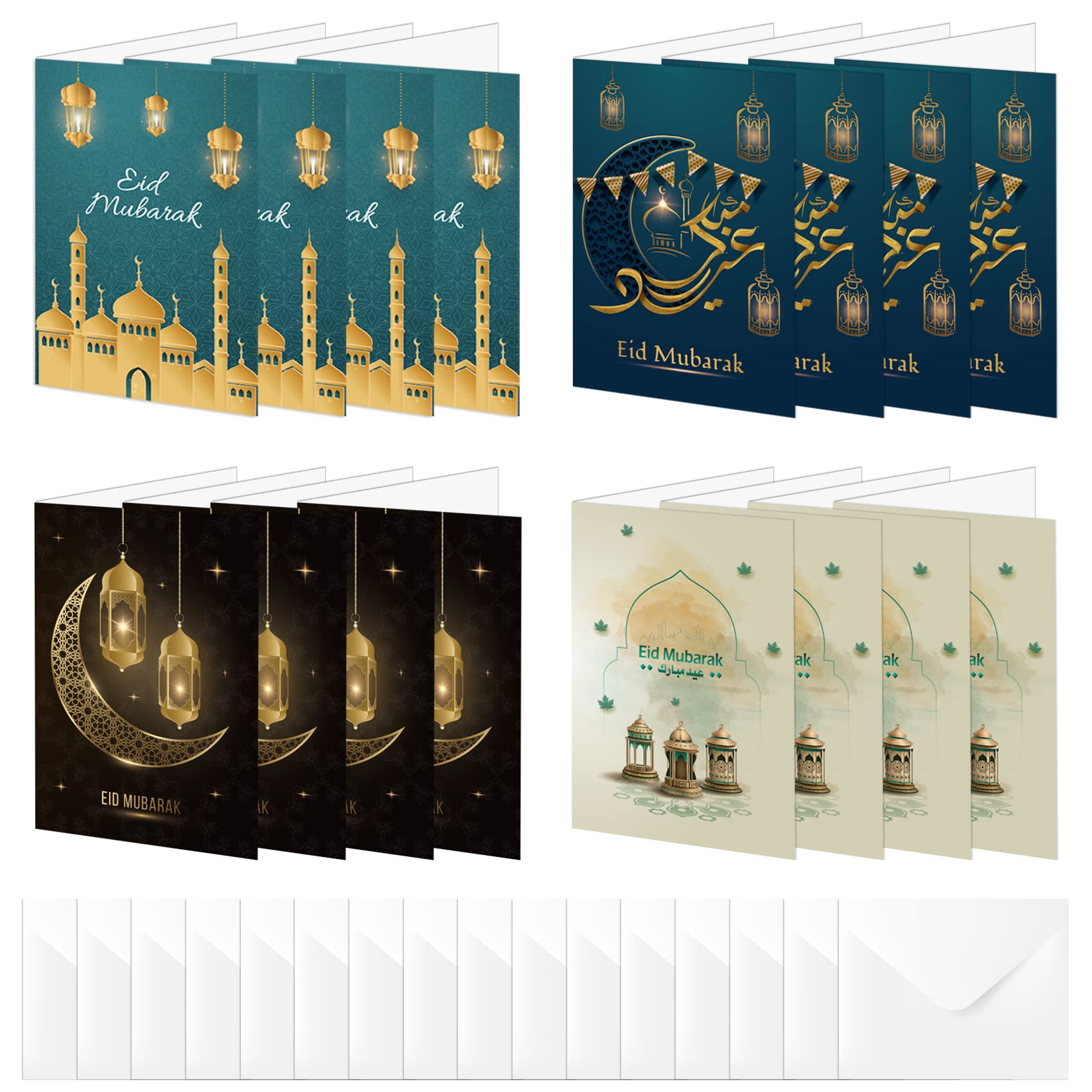 Eid Mubarak Cards Multipack,16Pcs Islamic Eid Card（10.5 * 15cm） Paper Happy Eid al-Fitr Greeting Cards with 16 Envelopes