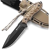 DRACHENADER 9.29" Full Tang Fixed Blade Knife with Sheath, Drop Point Survival and Hunting Knife, Tactical Outdoor Gear, Khak