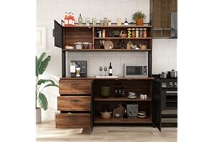 AGOTENI Large Kitchen Hutch Cabinet, Storage Cupboard Pantry with 3 Metal Doors, 3 Drawers & Microwave Shelf, for Kitchen Open Storage, Rustic Brown (59" W x 15.7" D x 68.5" H)