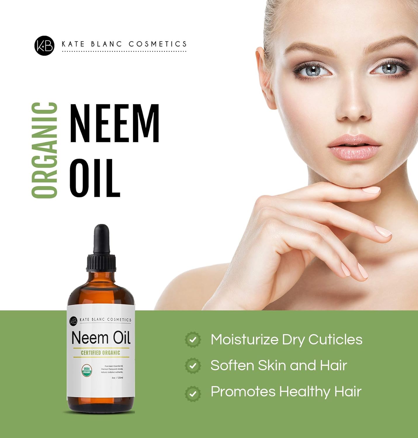 Neem Oil (4oz) by Kate Blanc. USDA Certified Organic, Virgin, Cold Pressed, 100% Pure. Great for Hair, Skin, Nails. Natural Anti Aging Moisturizer. 1-Year Guarantee : Beauty