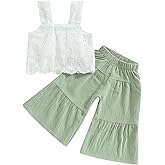 Geogenry 2PCS Baby Girl Sleeveless Strap Lace Crop Vest Tops + Flared Wide-Leg Pants Toddler Summer Outfits Set Clothes