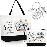 Dansydaisy 3 Pcs Sewing Lover Gift for Women Quilters Canvas Tote Bag Travel Cosmetic Bags Keychain Portable Makeup Zipper Pouch with Handle Funny Sew Shopping Birthday Mother Day Gift for Mom Grandma