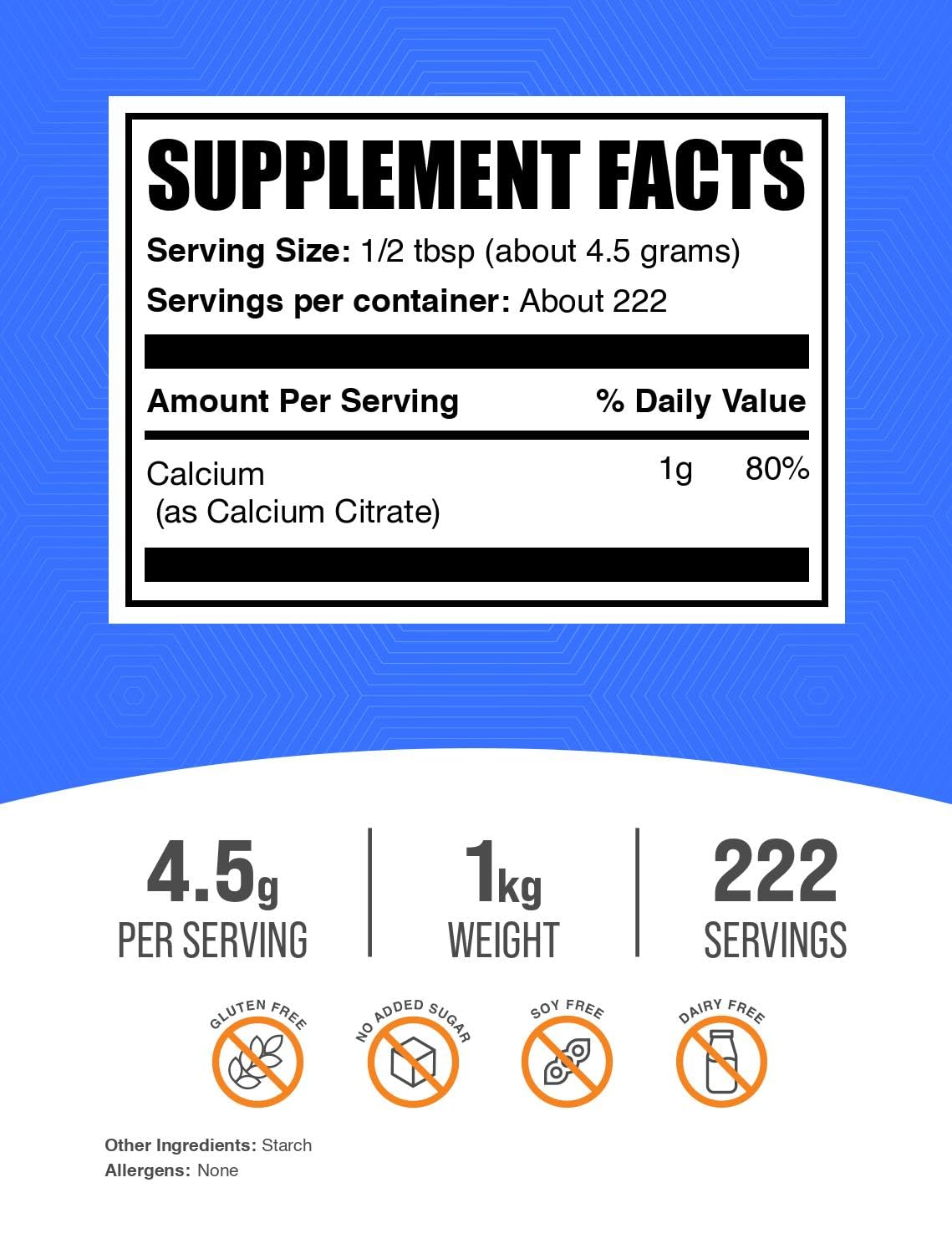BulkSupplements.com Calcium Citrate Powder - Calcium Supplement, High Bioavailable - Unflavored & Gluten Free, 4.5g per Serving, 1kg (2.2 lbs) (Pack of 1)