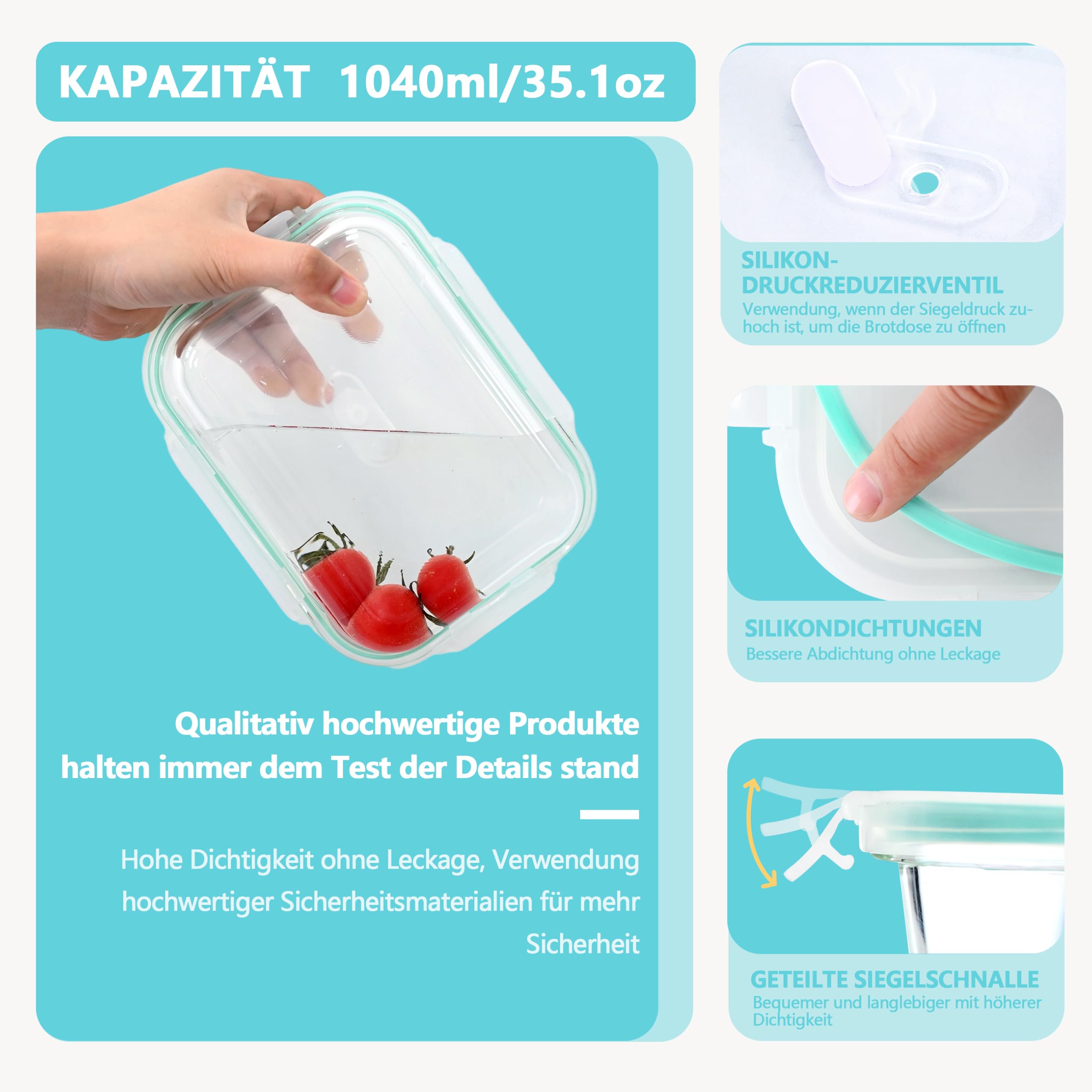 ERUIV Meal Prep Boxen, (8er) Vorratsdosen Glas Mit Deckel, 1040ml Glasschüssel Mit Deckel, Für Die Mealprep Boxen, Gefrierdosen-Set, Auslaufsichere Behälter Mit Deckel, Meal Prep Lunch, BPA-frei 5