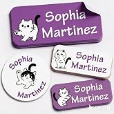 Personalized Cartoon Name tag Stickers for Kids Clothes Daycare Child Name Labels (135Labels) Waterproof &amp; Sturdy Design for Kids' Gear Books Toys Lunch Boxes (White Cats)