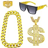 Riuziyi 4 Pack 80s 90s Hip Hop Costumes Outfit, Fake Gold Chain Money Chain, Twist Leg Punk Sunglasses, Dollar Sign Finger Ring for Men Women Rapper Accessories