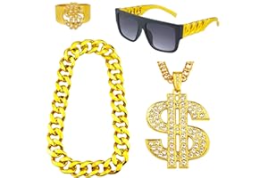 Riuziyi 4 Pack 80s 90s Hip Hop Costumes Outfit, Fake Gold Chain Money Chain, Twist Leg Punk Sunglasses, Dollar Sign Finger Ring for Men Women Rapper Accessories