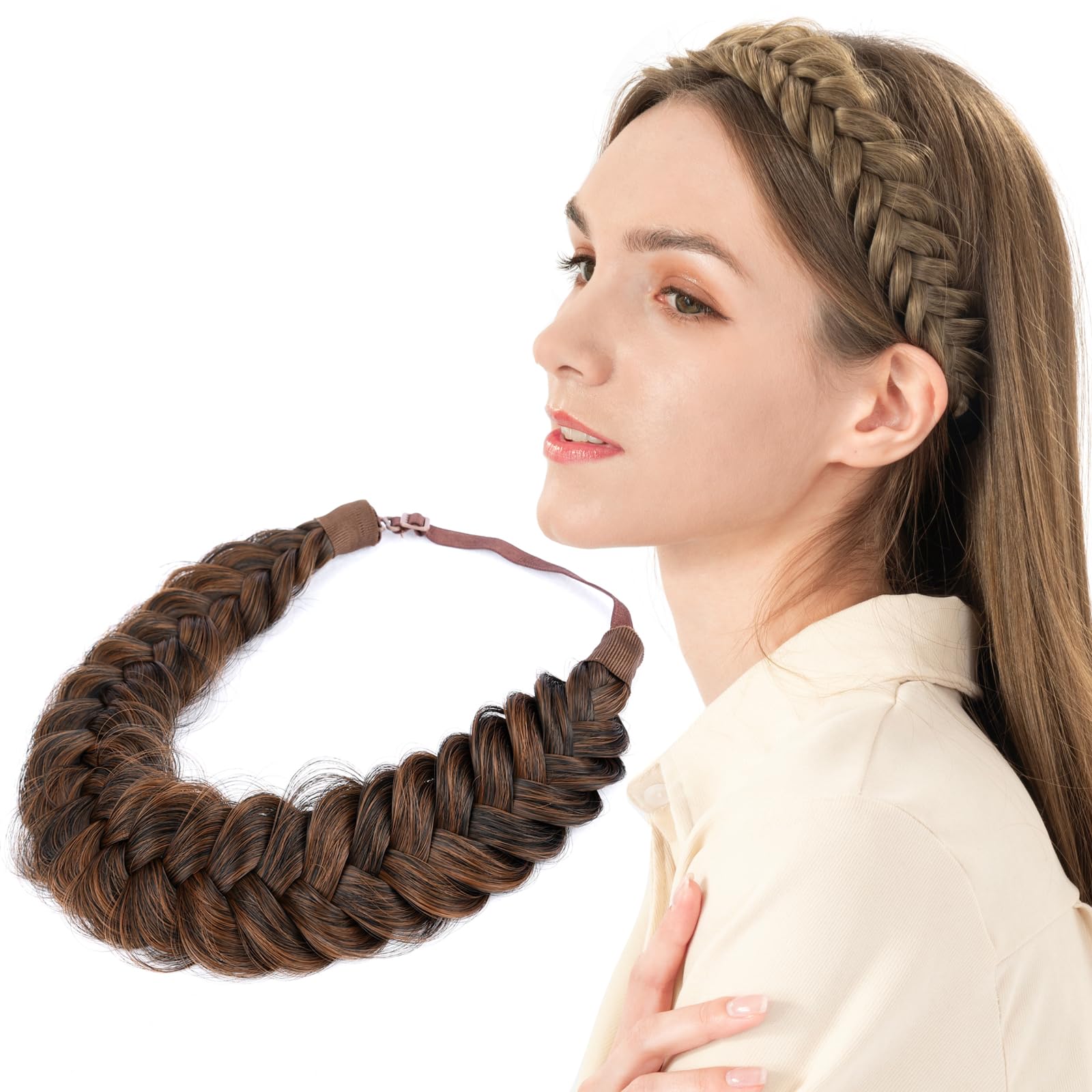 BOBIYA Messy Wide 2 Strands Synthetic Hair Braided Headband Plaited Hair Headband for Women Girl (Auburn)