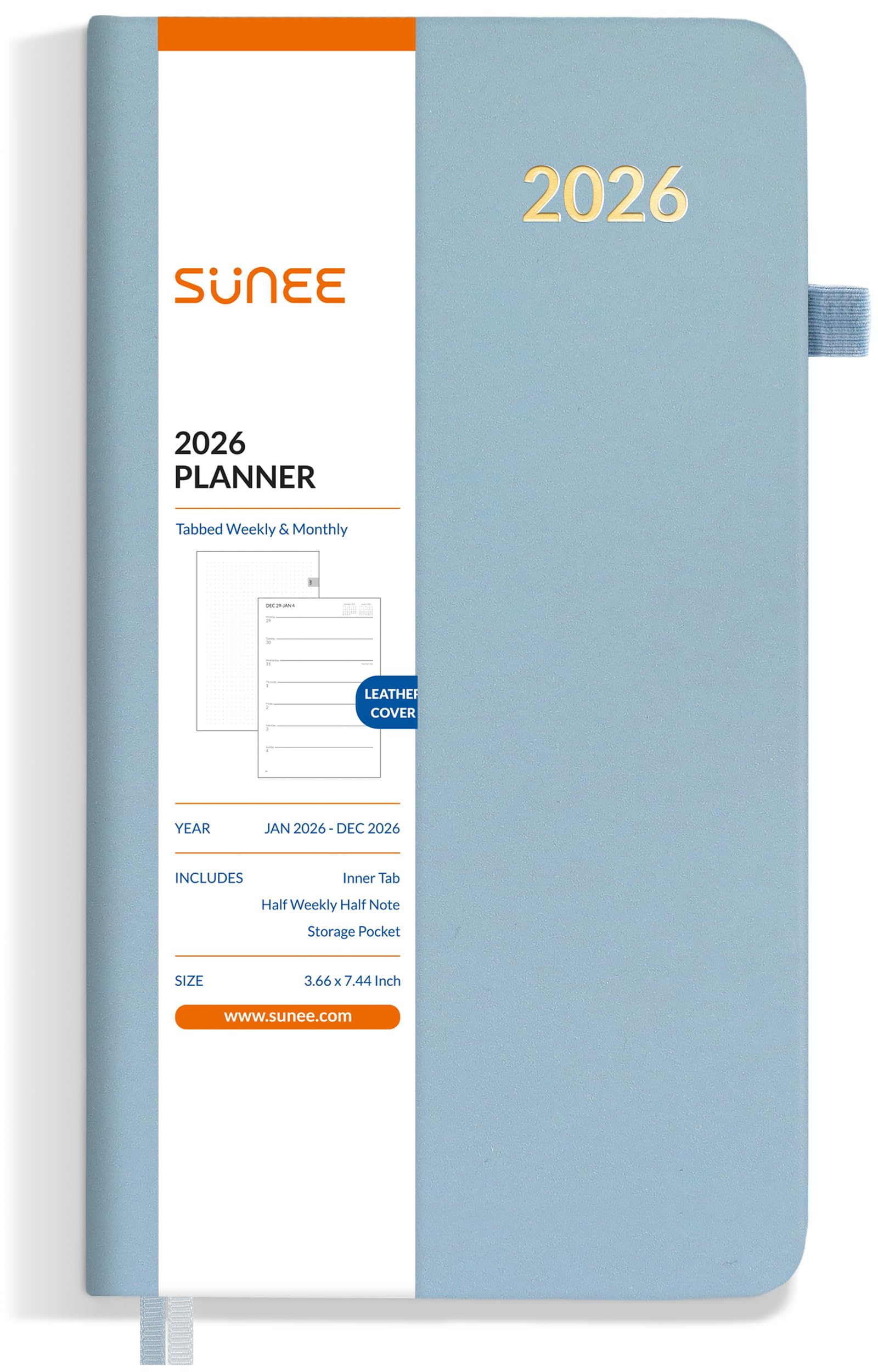 Photo 1 of *USED*
SUNEE 2026 Weekly and Monthly Planner 3.7" x 7.4" (January 2026-December 2026), Half Weekly Half Note, Tall & Slim Size Yearly Calendar Planner, Leather Hardcover, 100 GSM Paper, Inner Pocket, Blue