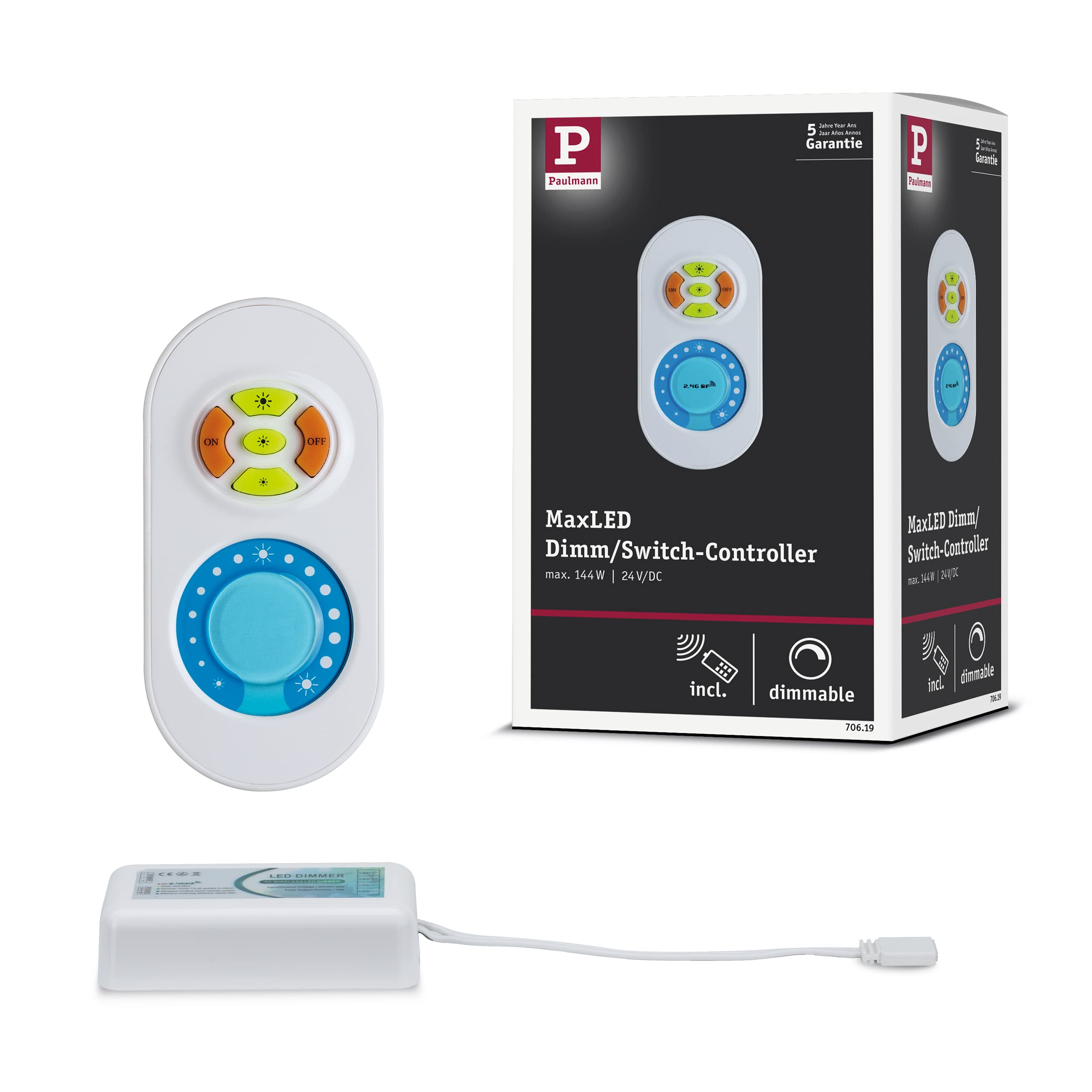 Paulmann 70619 MaxLED dim/Switch Controller for LED Strip Remote Control for Single-Colour Strips incl. Radio Remote Control max. 144W Strip Accessory 8.5 x 4.5 x 2.25 cm