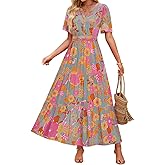 ZESICA Women's 2026 Summer Spring Floral Boho Maxi Dresses Casual Short Sleeve V Neck A Line Flowy Beach Vacation Dress