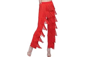 ZBH1985 Women's 7 Tier Tassel Latin Dance Pant Ballroom Dance Professional Black Adult Fringe Practice Pants