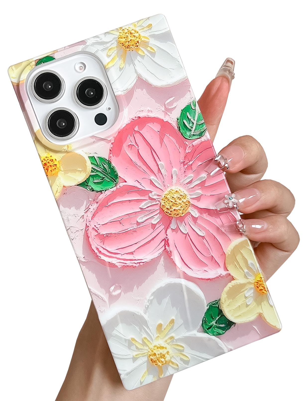 Photo 1 of KERZZIL Elegent Girly 3D Flower Compatible with iPhone 13 Pro Max Rectangle Edge Case, Cute Floral Pattern Slim Soft TPU Protective Bumper Cases Cover(Pink,13 Pro Max)