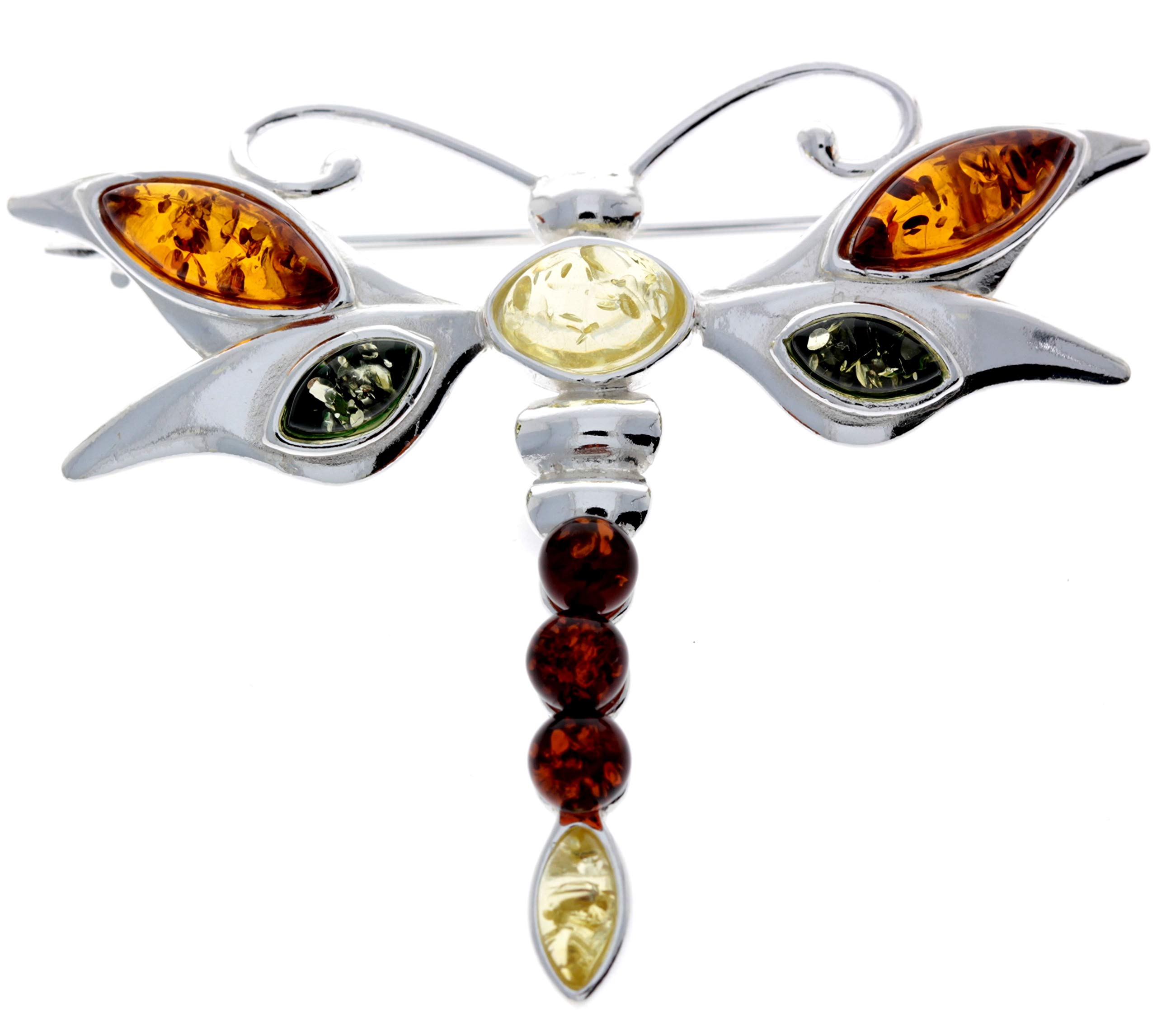 925 Sterling Silver & Baltic Amber Jewellery - Dragonfly Butterfly Brooch M817