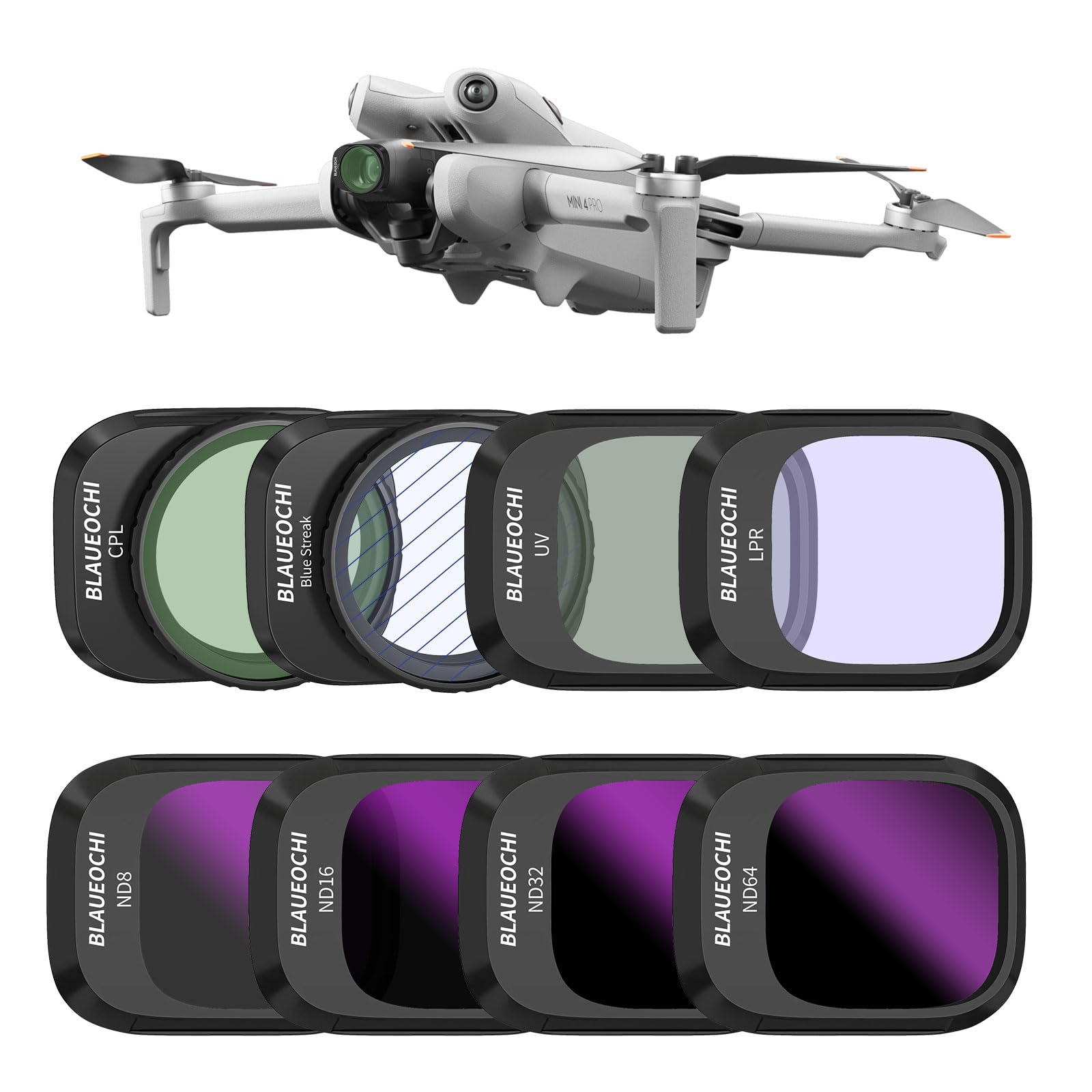 Photo 1 of BLAUEOCHI ND CPL Filter Set for DJI Mini 4 Pro, 8 Pack UV, CPL, LPR,BS,ND8, ND16, ND32, ND64 Polarizer Neutral Density Special Effect Drone Lens Filters, Multi Coated HD Optical Glass/Aluminum Frame