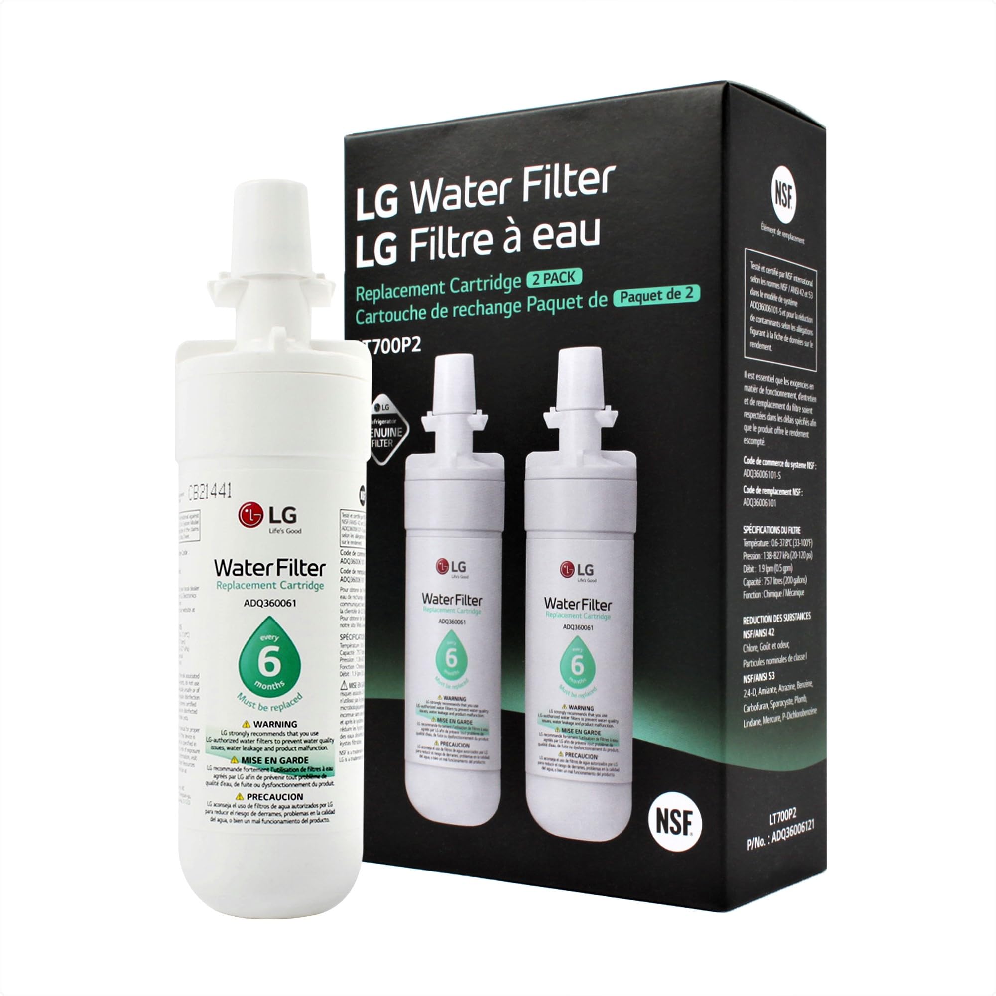 Photo 1 of LG LT700P2 6-Month / 200 Gallon Refrigerator Replacement Water Filter, 2 Count (Pack of 1), White
