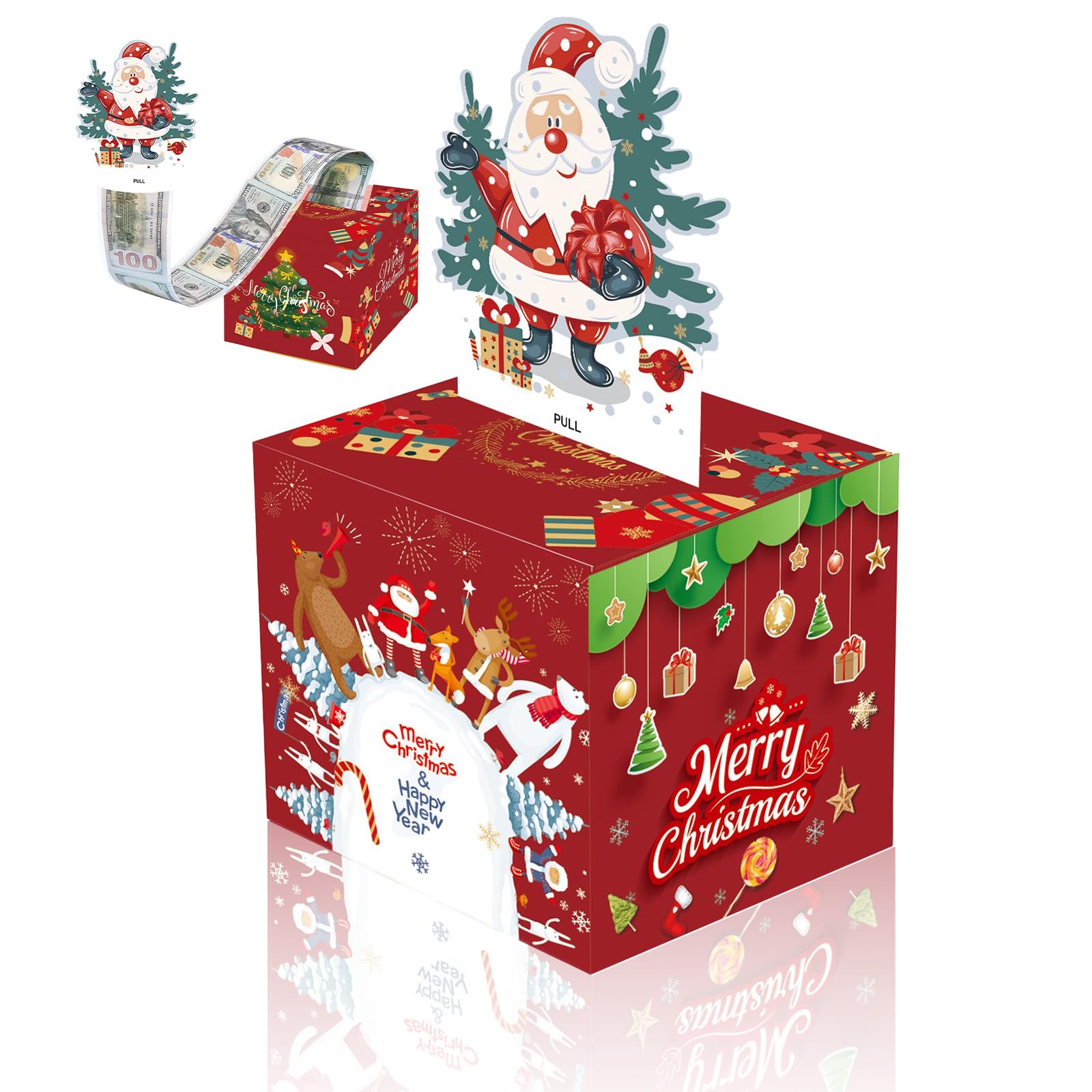 Christmas Money Box for Cash Gift,Christmas Pull Surprise Money Gift Box forKids/Adult Presents,Money Cake Pull out Cash with Xmas Card and 30P Transparent Bags,Money Pull Box for Christmas Party
