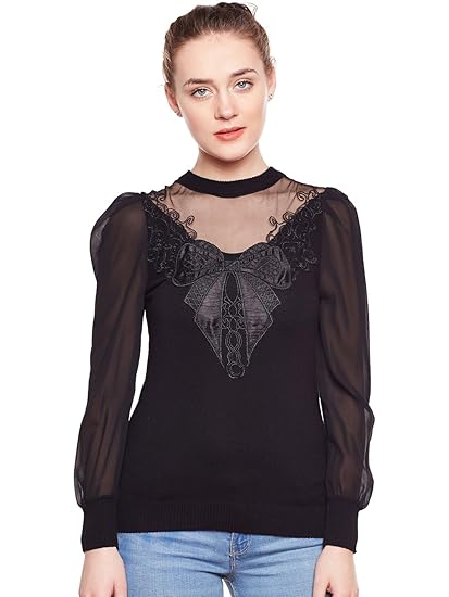 Women/Girls Casual Winter Long Transparent Sleeve Round Neck Black Bow Patch Slim Fit Henley Top