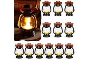 ROCEEI 12 Pieces Cowboy Hats Mini Lantern Western Cowgirl Small Lantern Decoration Retro Tiny Lamp with LED Candle Hanging Table Centerpieces Decor for Wedding Birthday Party Favor (Brown)