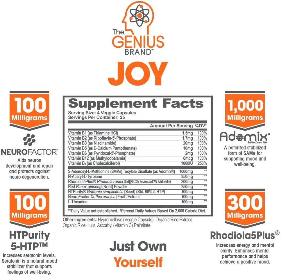Genius Joy - Serotonin Mood Booster for Anxiety Relief, Wellness & Brain Support, Nootropic Dopamine Stack w/Sam-e, Panax Ginseng & L-Theanine – Natural Anti Stress & Herbal Calm, 100 veggie pills: Health & Personal Care