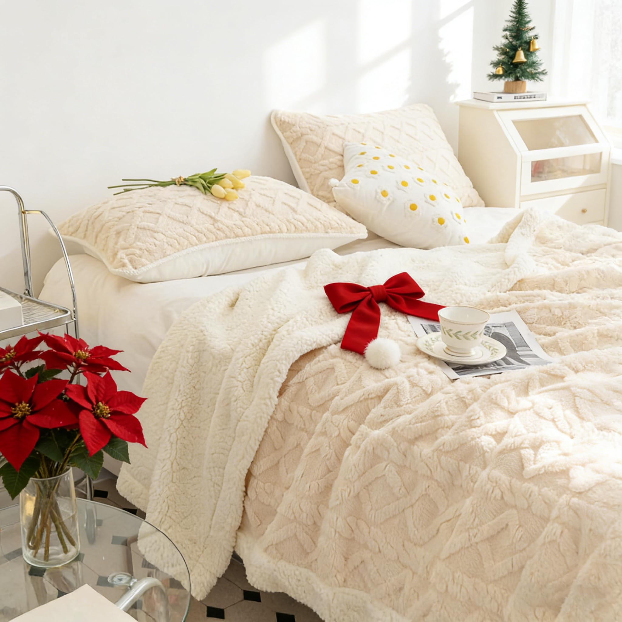 QOFLY Cuddly Fleece Blanket, Flannel Blanket, 150 x 200 cm, Pompoms, Plain Blankets, Couch Blanket, Fluffy Throw, Microfibre, XL Bedspread, Beige