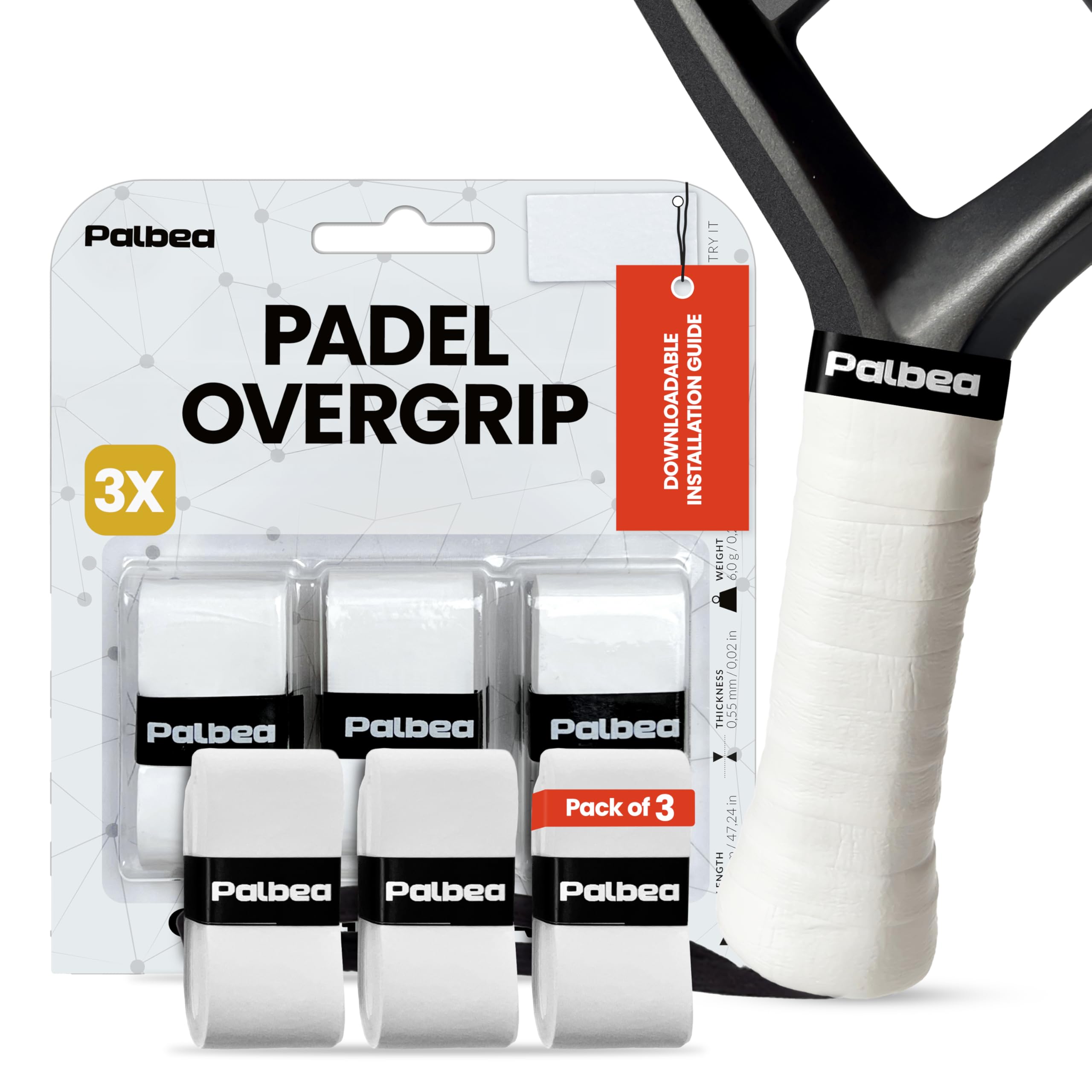 Palbea Padel OverGrip in White - Extra Tacky - Pack of 3 - Superior Sweat Absorption - Non-Slip Grip Tape for Padel & Tennis Rackets - Soft Feel - Specially Crafted for Padel Racquets.