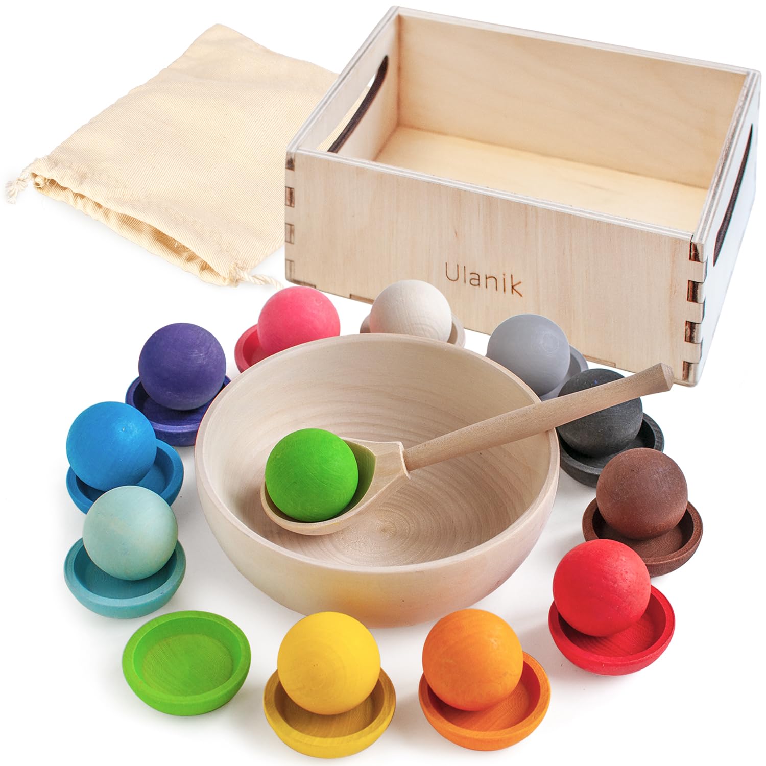 Ulanik Balls on Plates Toddler Montessori Toys for 3 Years Old + Baby Preschool Matching Wooden Games for Learning Colour Sorting and Counting — 12 Balls